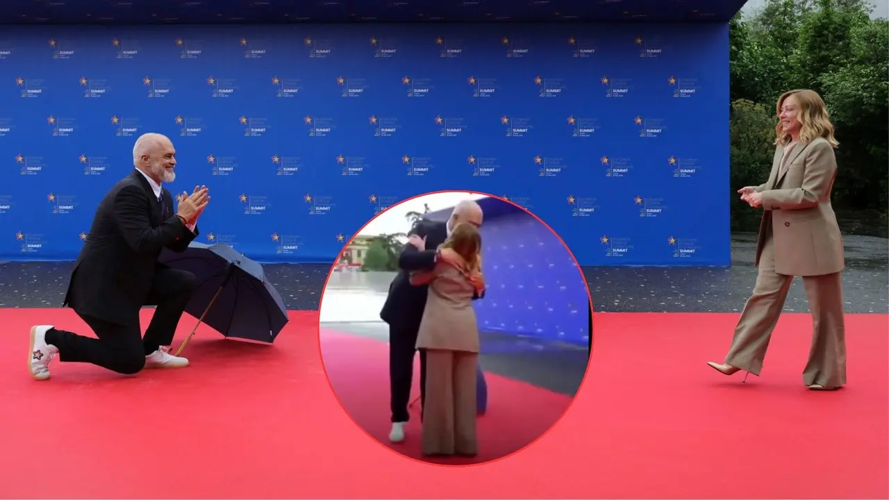 Albanian PM kneels to welcome Giorgia Meloni