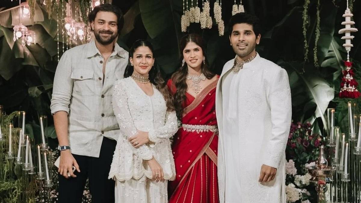 Allu Sirish and Nayanika posing with Varun Tej and Lavanya Tripathi.
