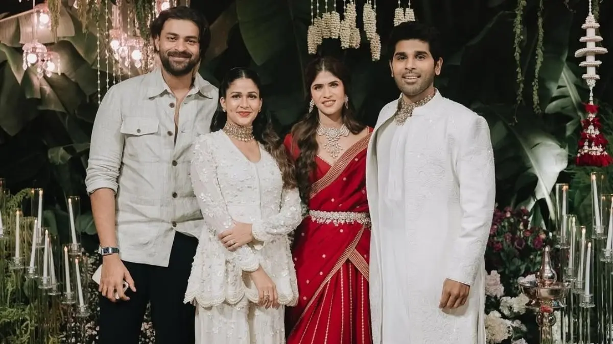 Allu Sirish and Nayanika posing with Varun Tej and Lavanya Tripathi.
