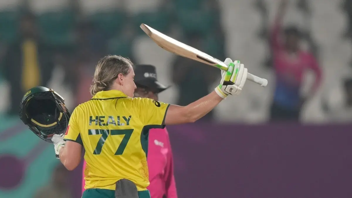 Alyssa Healy celebrating after scoring a century against Bangladesh at Women's World Cup 2025