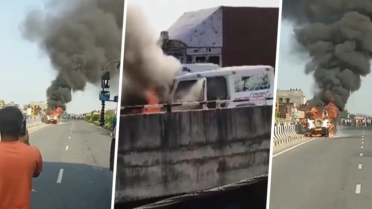 An ambulance carrying three passengers caught fire on a flyover in Gorakhpur, Uttar Pradesh