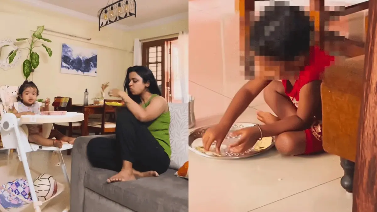 My Heart Breaks: Bengaluru Influencer’s Video Of House Help’s Kid Eating on Floor Sparks Netizens Outrage An influencer is sitting on a sofa with her baby in a high chair while the house help’s child is eating on the floor.
