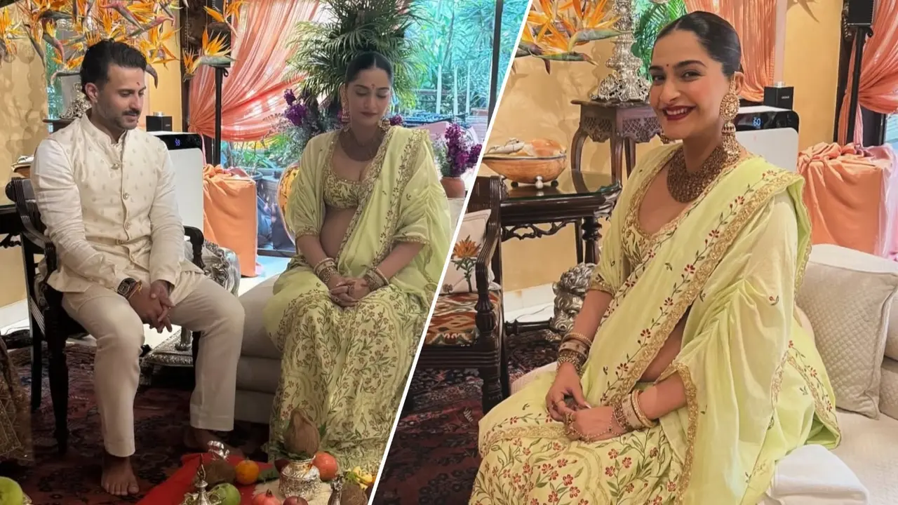 Inside Pictures From Sonam Kapoor's Baby Shower Show Glowing Mom-To-Be In Pastel Green Lehenga Anand Ahuja and Sonam Kapoor performed puja rituals at the baby shower