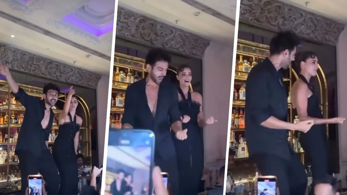 Kartik Aaryan-Ananya Panday Turn Bar Top Their Dance Floor, Shake Legs To Jumma Chumma De De At Tu Meri Main Tera Main Tera Tu Meri Wrap Up Party Ananya Panday and Kartik Aaryan dance together.