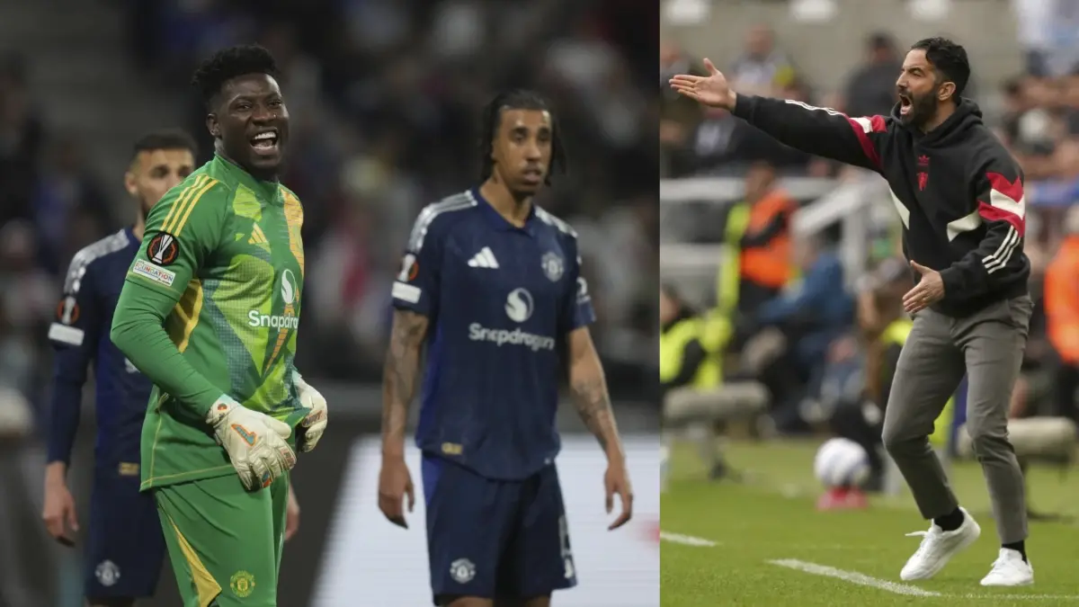 André Onana and Ruben Amorim during the Europa League quarterfinal