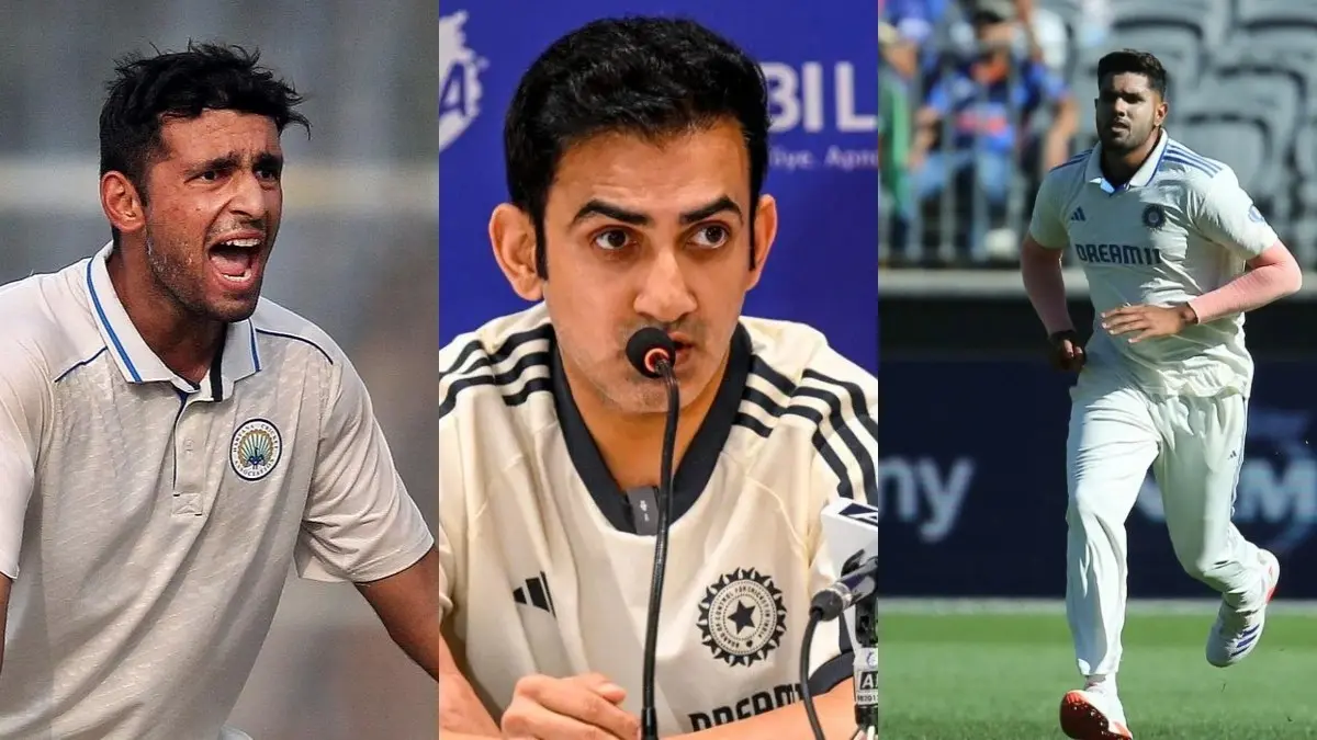 Anshul Kamboj (L), Gautam Gambhir (C), Harshit Rana (R)