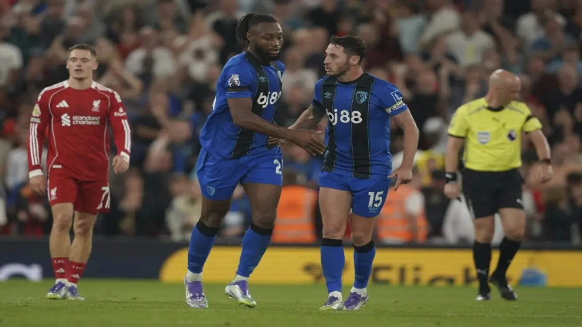 Stadium Ban Imposed On Man Arrested Over Antoine Semenyo Racial Abuse Claims During Liverpool vs Bournemouth Premier League Match At Anfield Antoine Semenyo in action against Liverpool