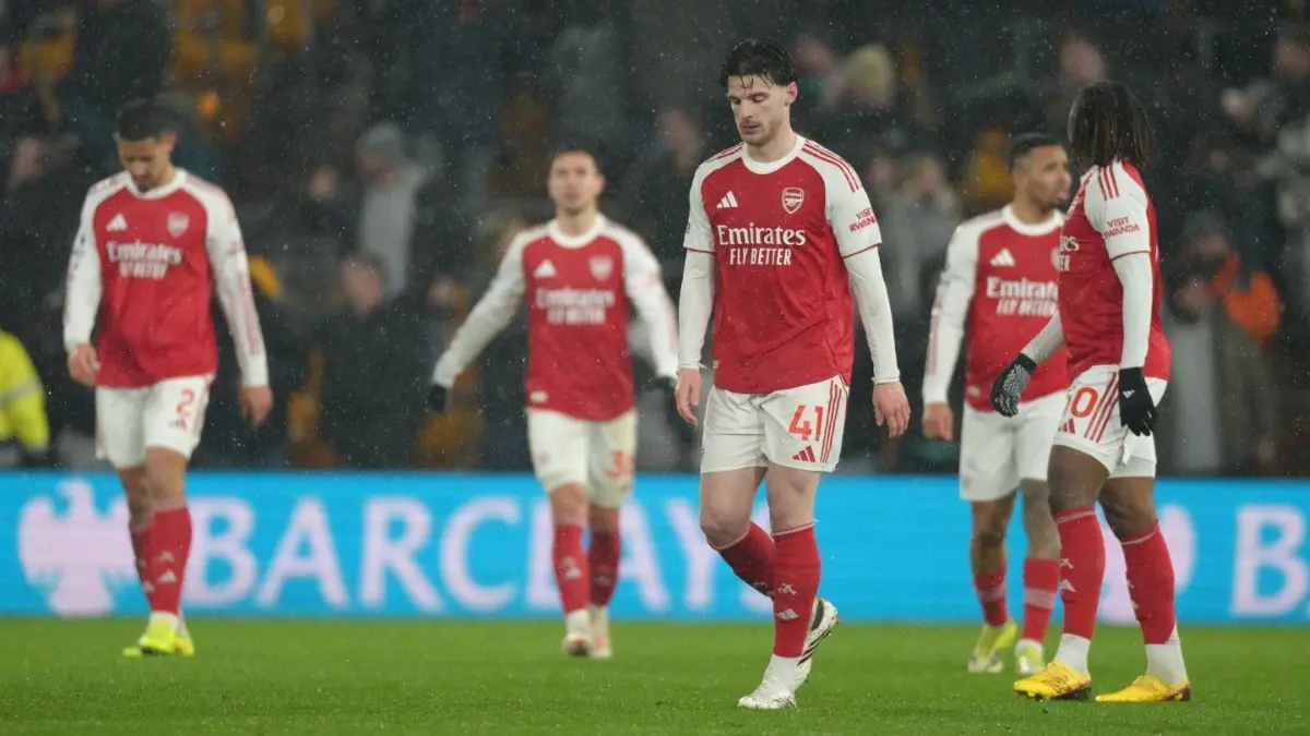 Arsenal Blow Two-Goal Lead At Wolves To Boost Manchester City's Premier League Title Hopes Arsenal players react during the Premier League match against Wolves