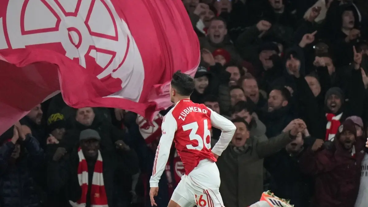 Arsenal's Martin Zubimendi celebrates after scoring against Aston Villa