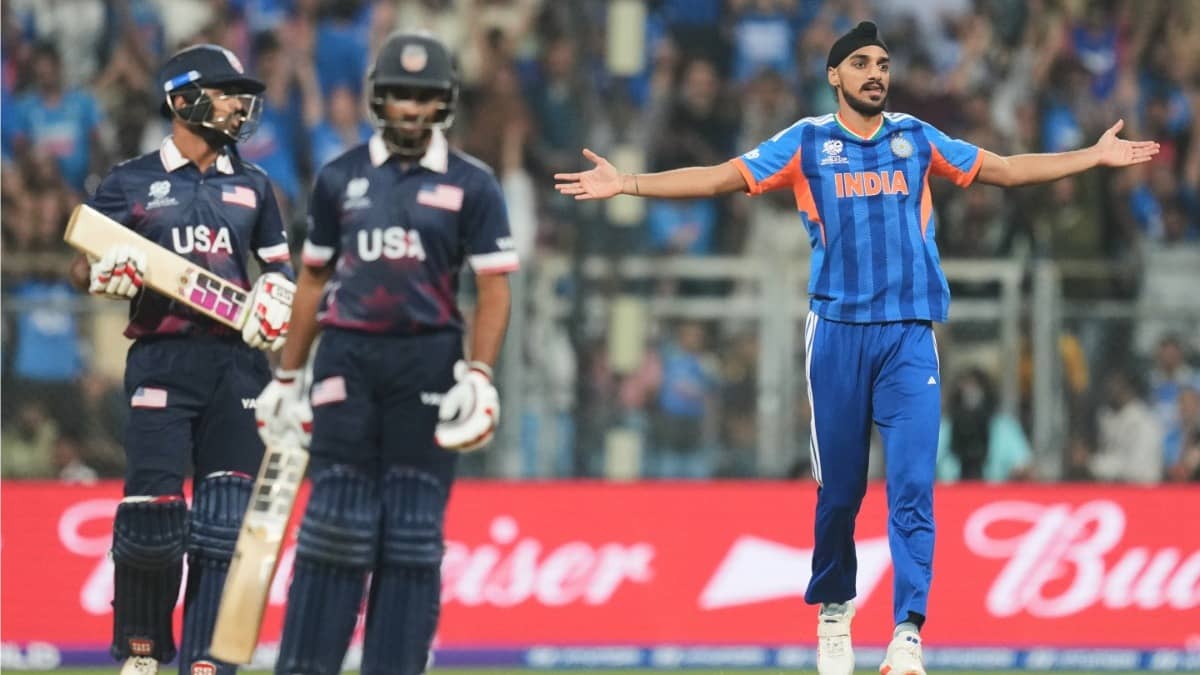 Arshdeep Singh celebrates after taking a wicket against USA