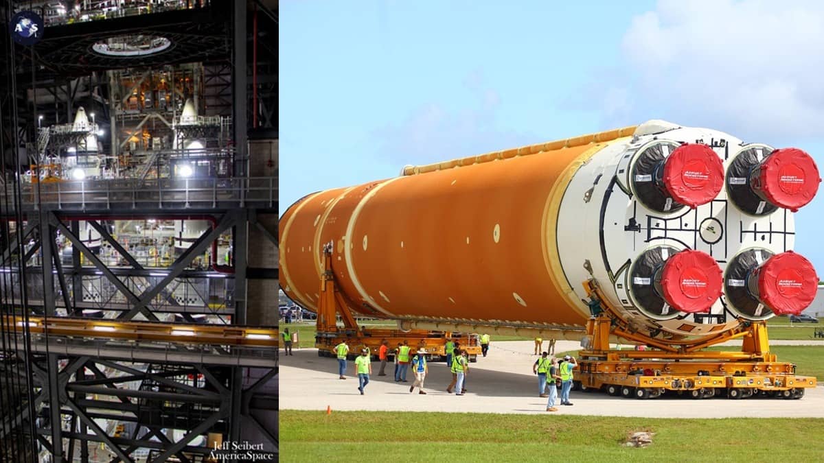 Artemis 2’s stacked Solid Rocket Boosters are visible inside the Vehicle Assembly Building; (right) the Core Stage for the Artemis 2 mission arrives in Florida, 55 years after Apollo 11 lifted off on its voyage to the Moon.