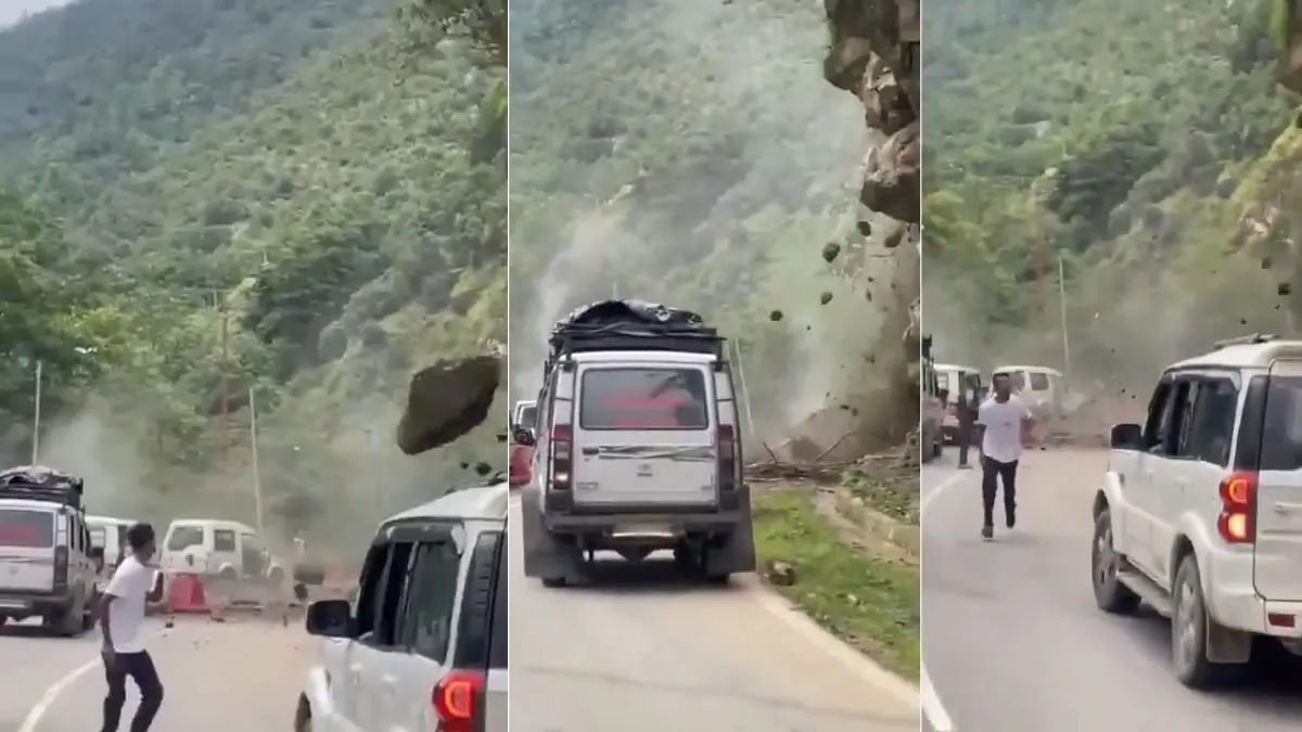Exact Moment Caught On Cam: Landslide Hits Arunachal Pradesh, Boulders Roll Down Hill Creating Panic Among Commuters Arunachal Pradesh Landslide