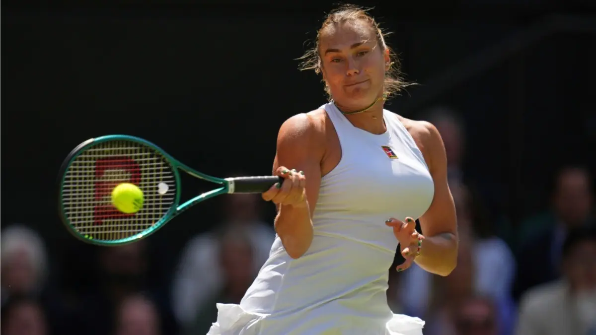 Aryna Sabalenka in action during quarter-final clash in Wimbledon 2025