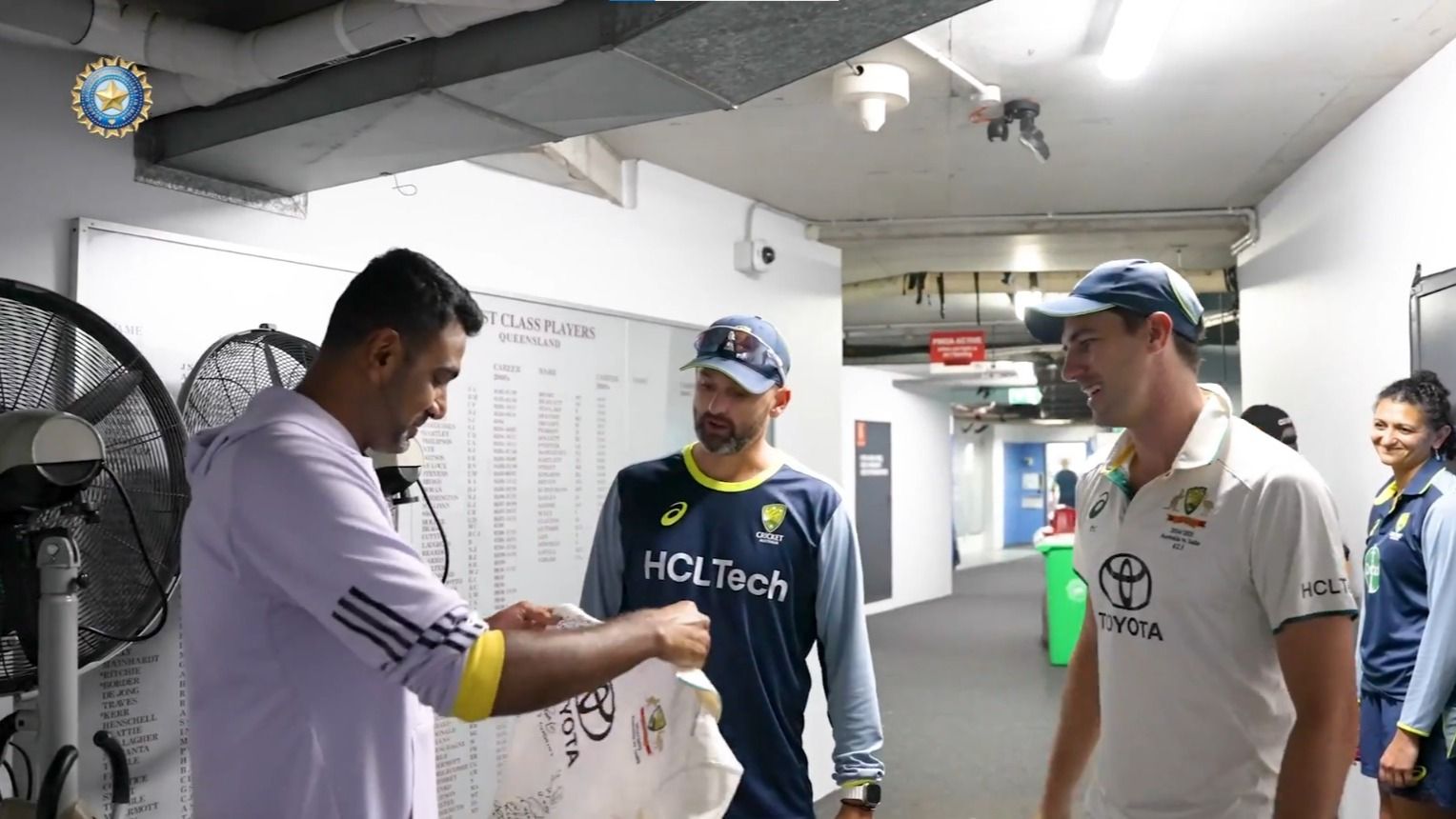 Nathan Lyon And Pat Cummins Present A Signed Jersey To Ashwin After His ...