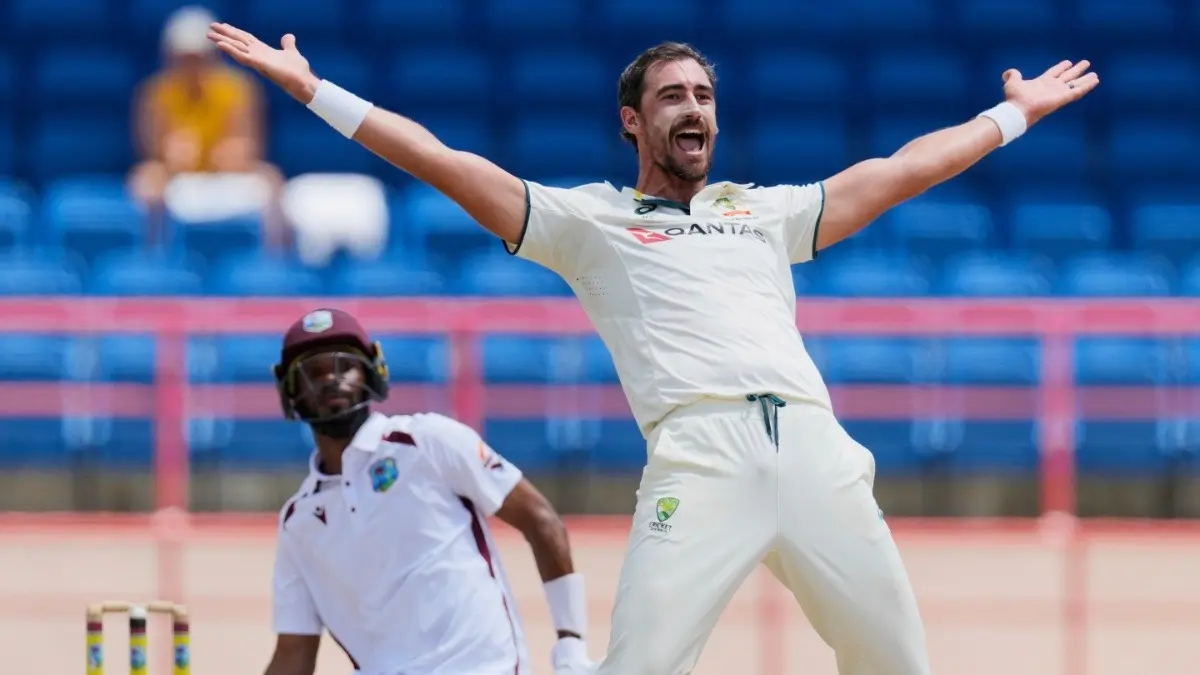 Australia pacer Mitchell Starc celebrates after taking wicket in the second Test match against West Indies
