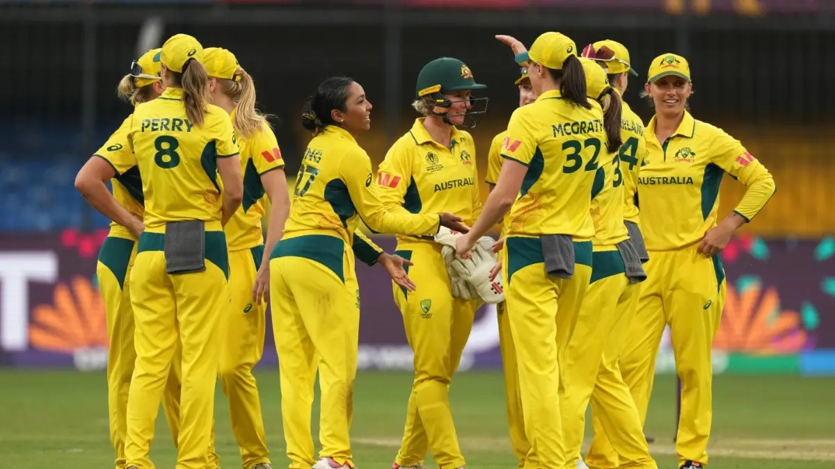 Australia's Alana King celebrates with teammate after taking a wicket against South Africa at the Women's World Cup 2025 fixture