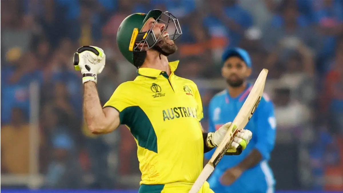 Australia's Glenn Maxwell celebrates after sealing a win at the ODI World Cup 2023 final against India