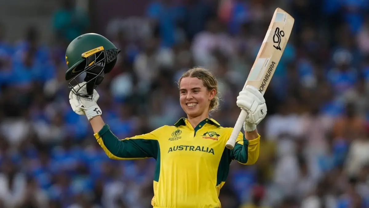Australia's Phoebe Litchfield celebrates her century against India