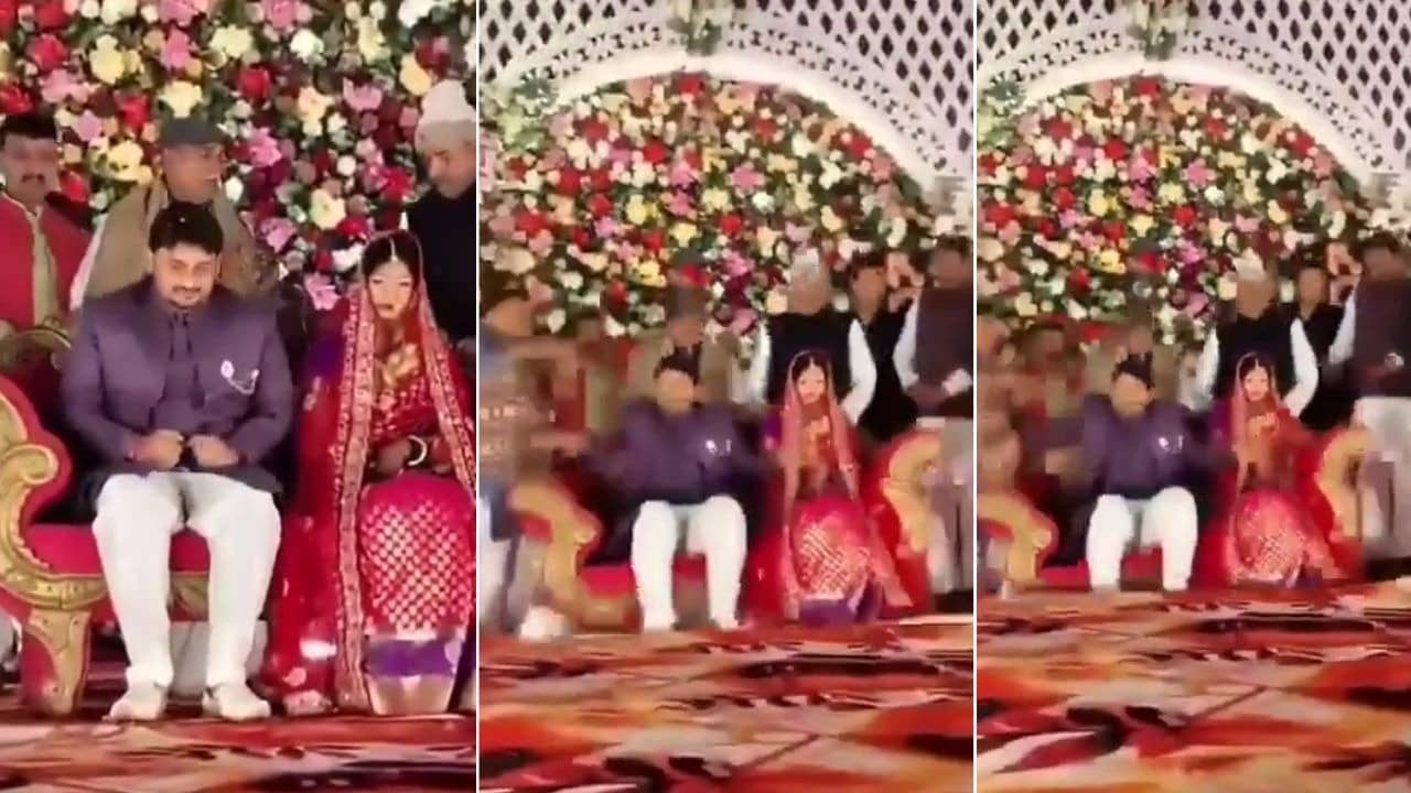 VIDEO: लग्नात गोंधळ, नेताजी आशीर्वाद देण्यासाठी मंचावर चढले, त्यांच्यासह वधू-वरही ढगफुटीने खाली पडले; अराजकता निर्माण केली