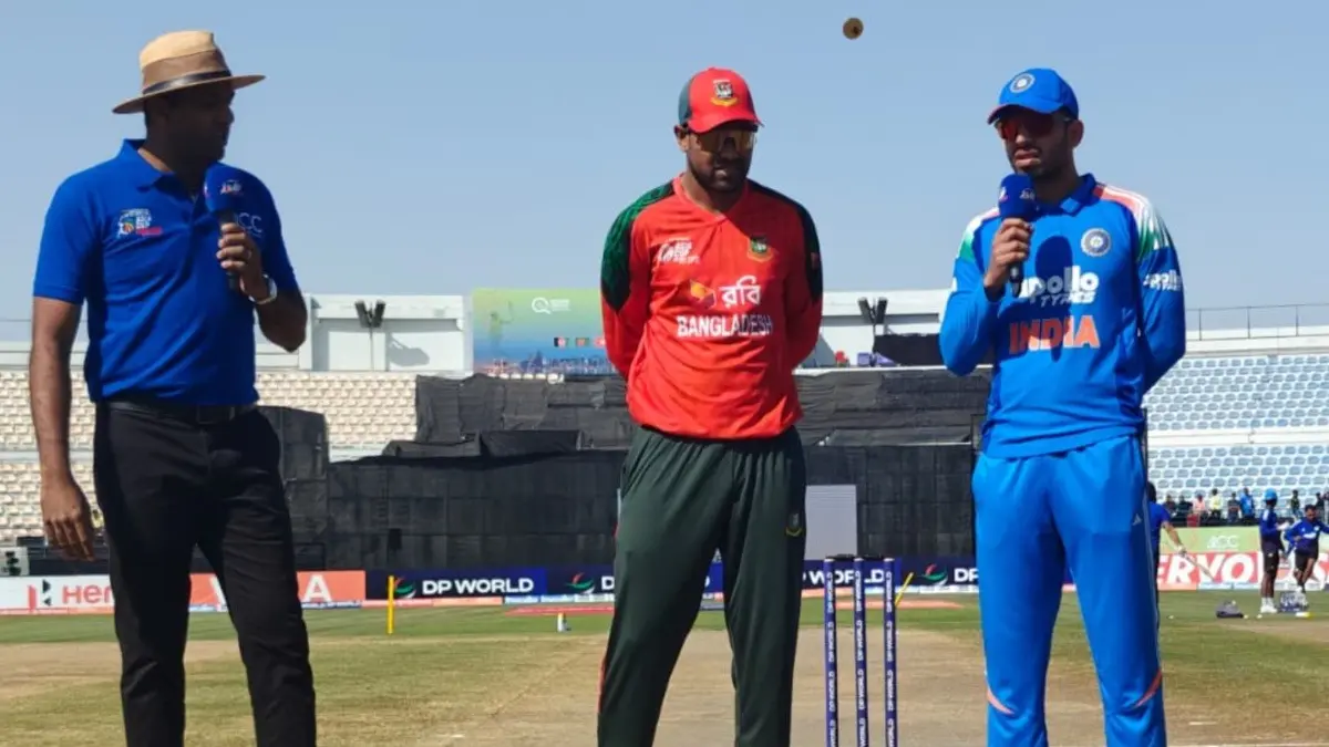 Bangladesh A Reach ACC Rising Stars Final After Defeating India A In Dramatic Super Over Bangladesh's Akbar Ali and India's Jitesh Sharma during toss