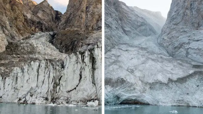 Before (left) and after pictures of the mountain where a landslide caused by rocks and ice falling into a fjord caused a megatsunami