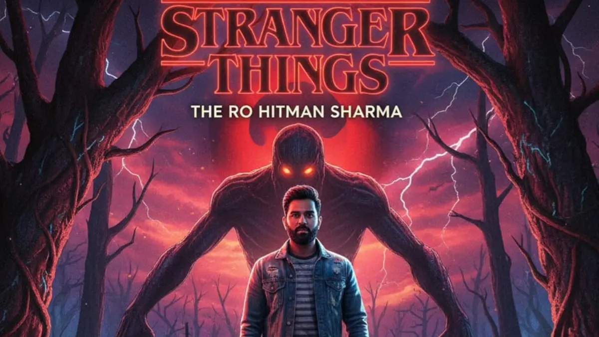 Representative Image of Rohit Sharma in the Stranger Things poster generated by AI