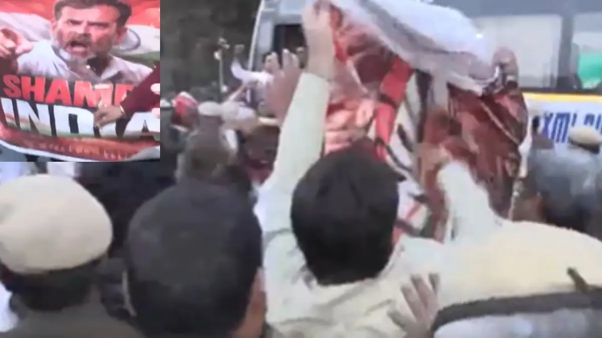 Delhi: राहुल गांधी के घर के बाहर बीजेपी युवा मोर्चा का जोरदार प्रदर्शन, AI समिट में यूथ कांग्रेस के हंगामे का कर रहे विरोध; VIDEO Bharat Mandapam Protest