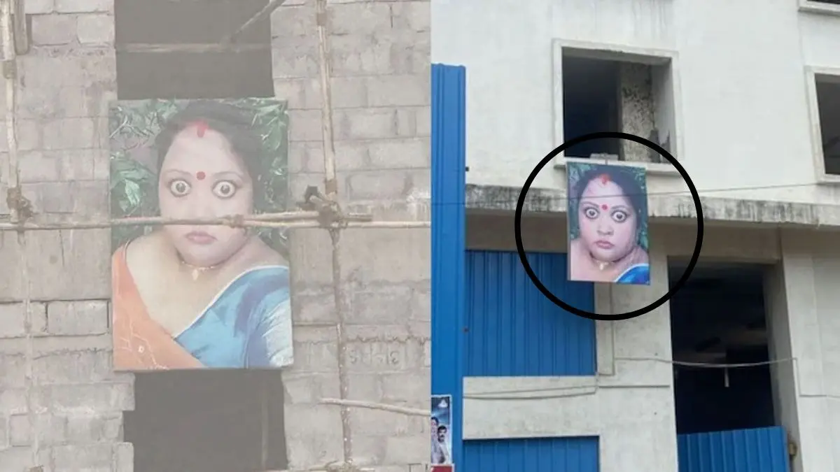 big eyed mystery woman photo seen at Bengaluru Karnataka construction sites used as evil eye viral photo