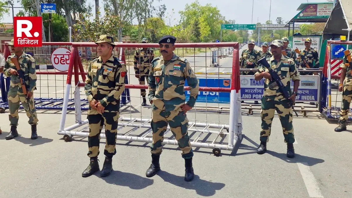Border Security Force (BSF) personnel stand guard at Integrated Check Post