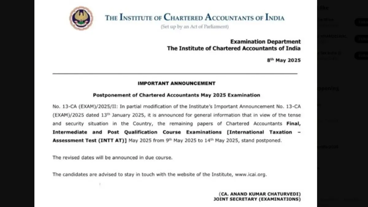 BREAKING: ICAI May 2025 Exam Postponed in Entire Country Amid India-Pakistan Tensions