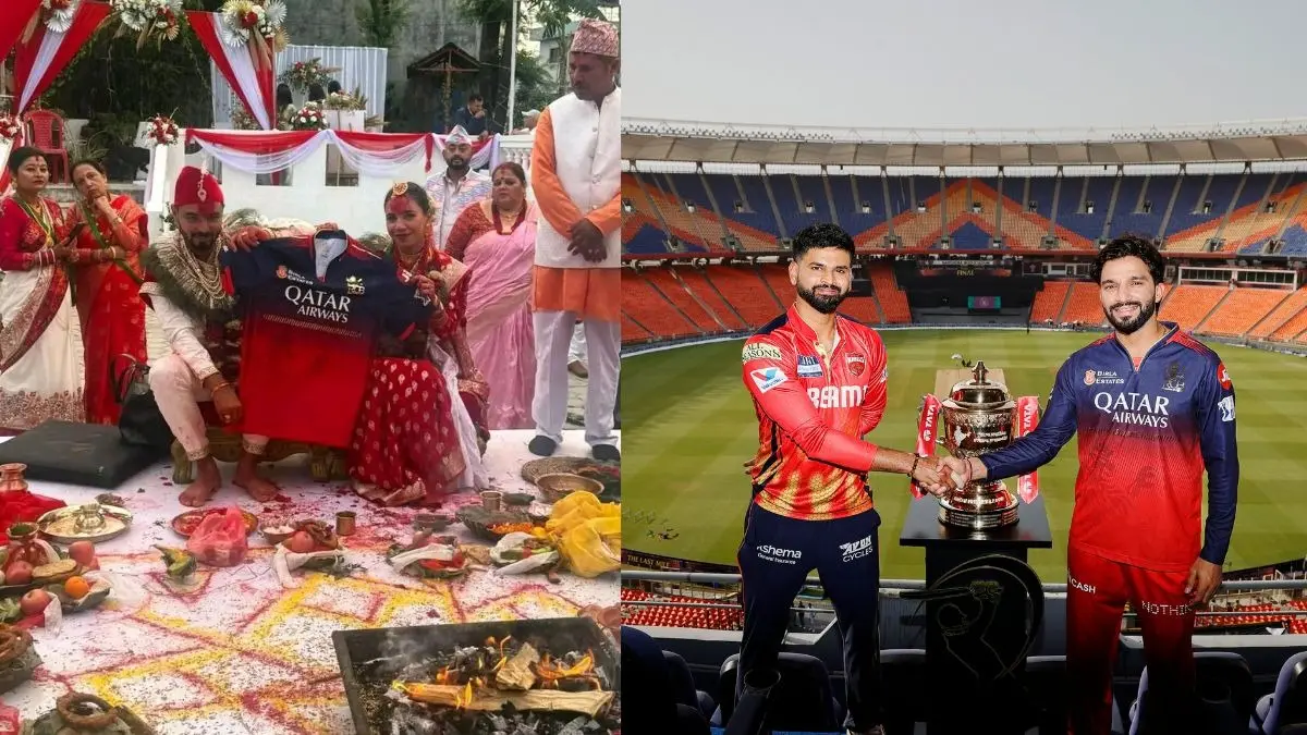 bride and groom shows RCB jersey on wedding pavilion photo viral ahead of ipl 2025 final in ahmedabad