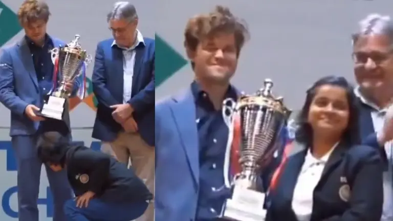 Indian Grandmaster Bristy Mukherjee Touches Magnus Carlsen's Feet, Leaves Norwegian Legend Awestruck Bristy Mukherjee touches Magnus Carlsen's feet