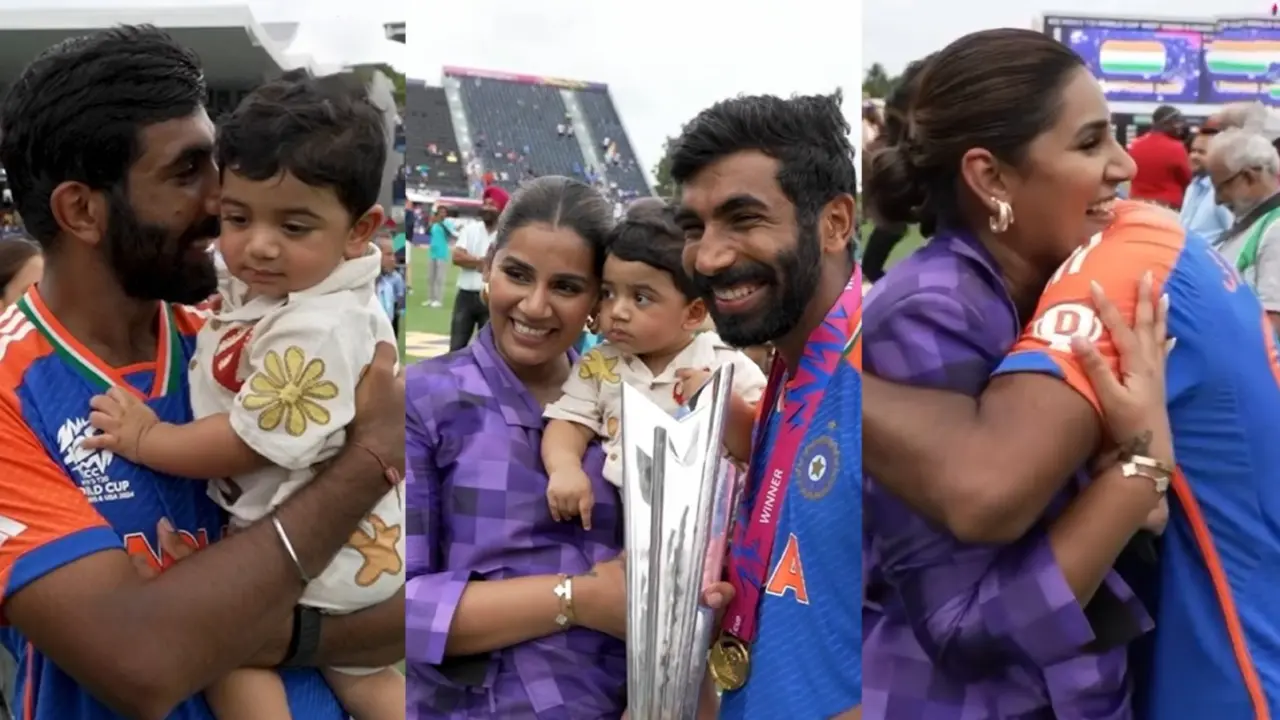 Jasprit Bumrah with wife Sanjana Ganesan and son Angad