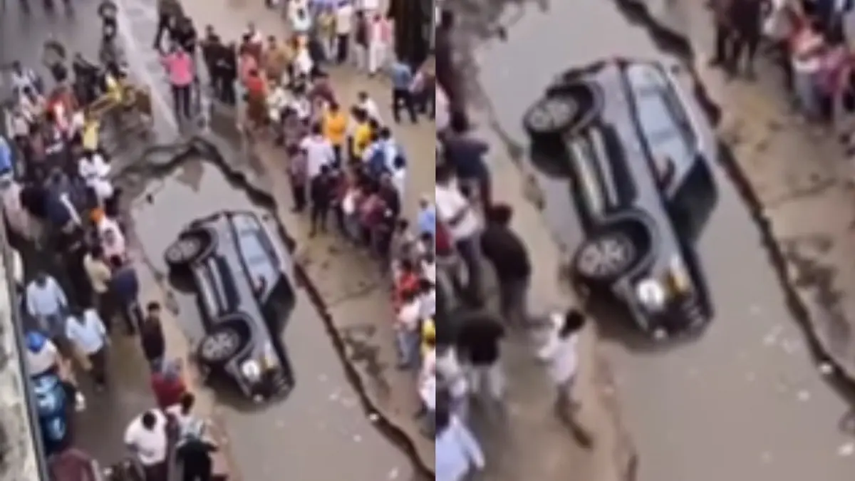 Car falls in pothole in Patna, Bihar
