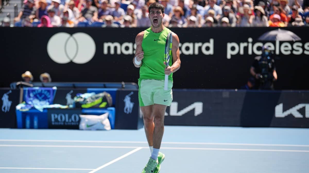 Carlos Alcaraz reacts during his second-round match against Yannick Hanfmann at the Australian Open 2026