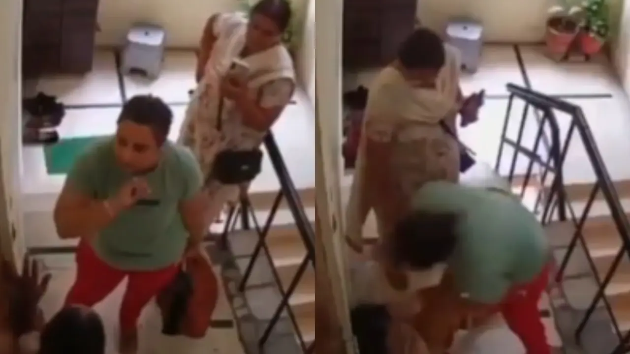 CCTV captured daughter-in-law beating mother-in-law on stairs
