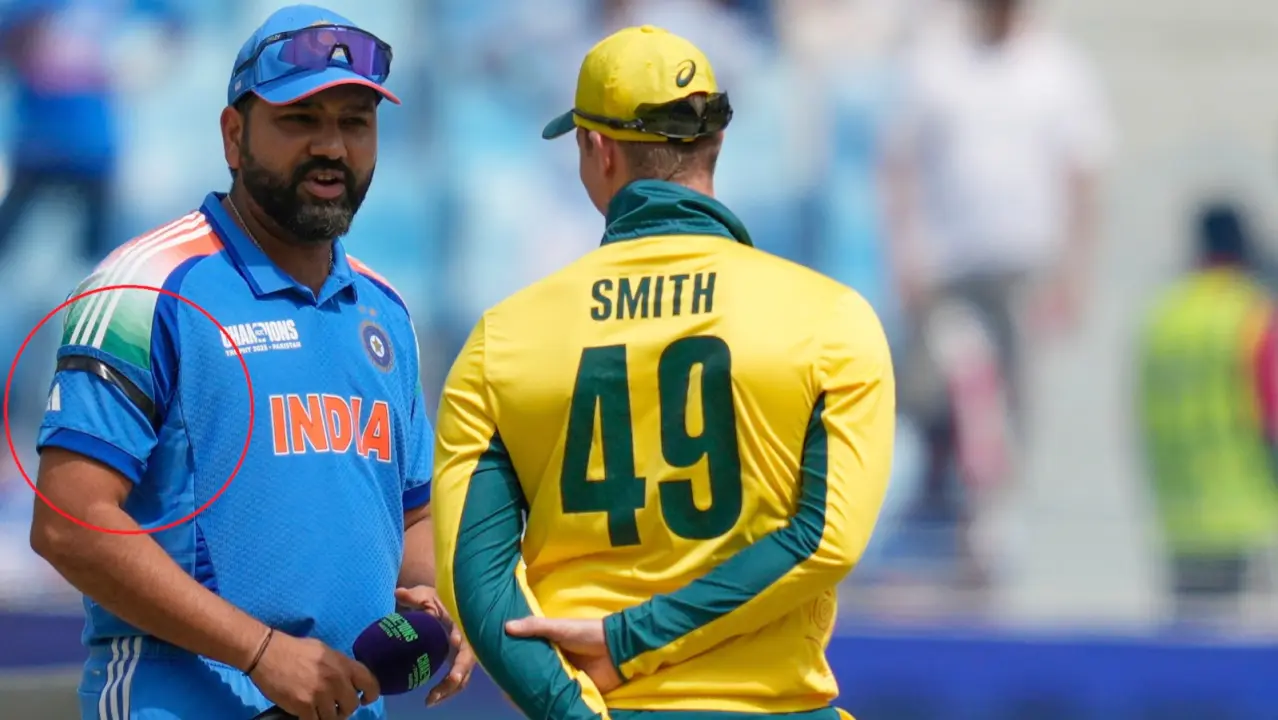 Champions Trophy 2025: India skipper Rohit Sharma wearing black armband during toss against Australia in semi-final.