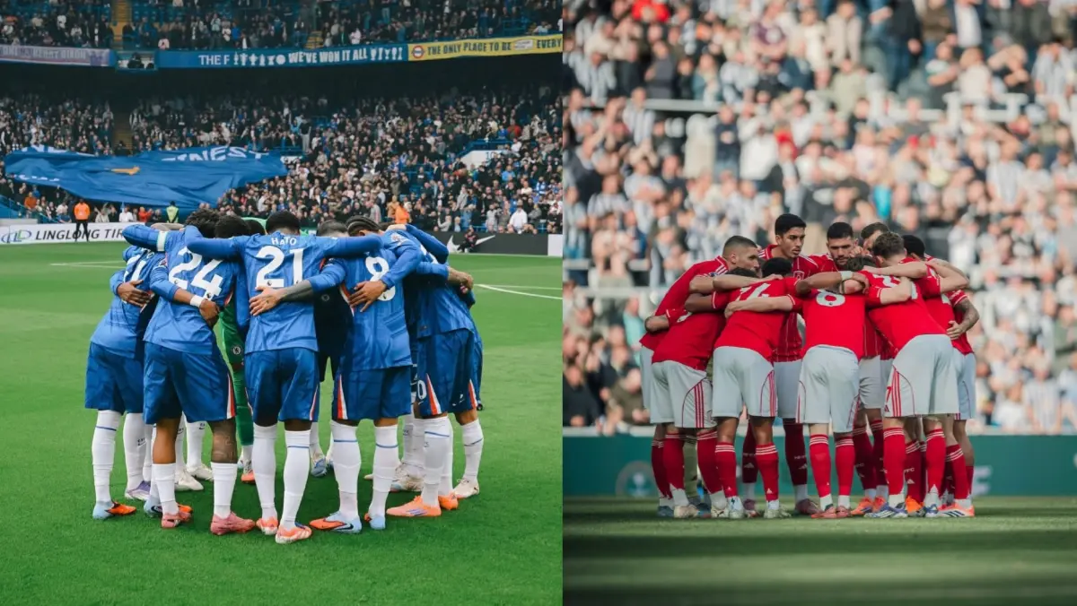 Chelsea and Nottingham Forest in team huddle