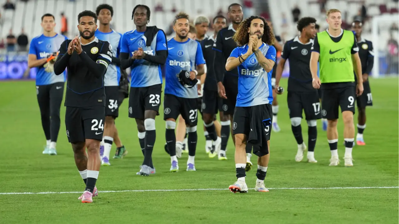 Chelsea players after they beat West Ham 5-1.