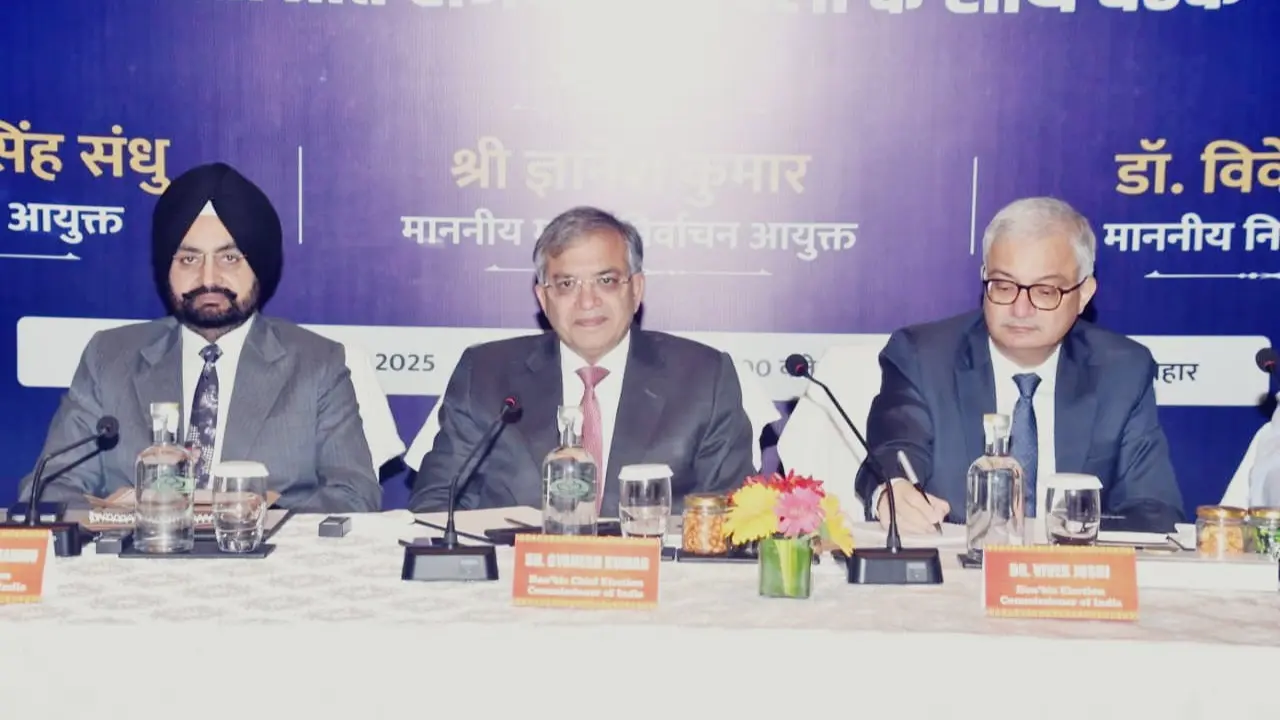 Chief Election Commissioner Gyanesh Kumar and Election Commissioners Dr Sukhbir Singh Sandhu and Dr Vivek Joshi in Patna on Saturday.
