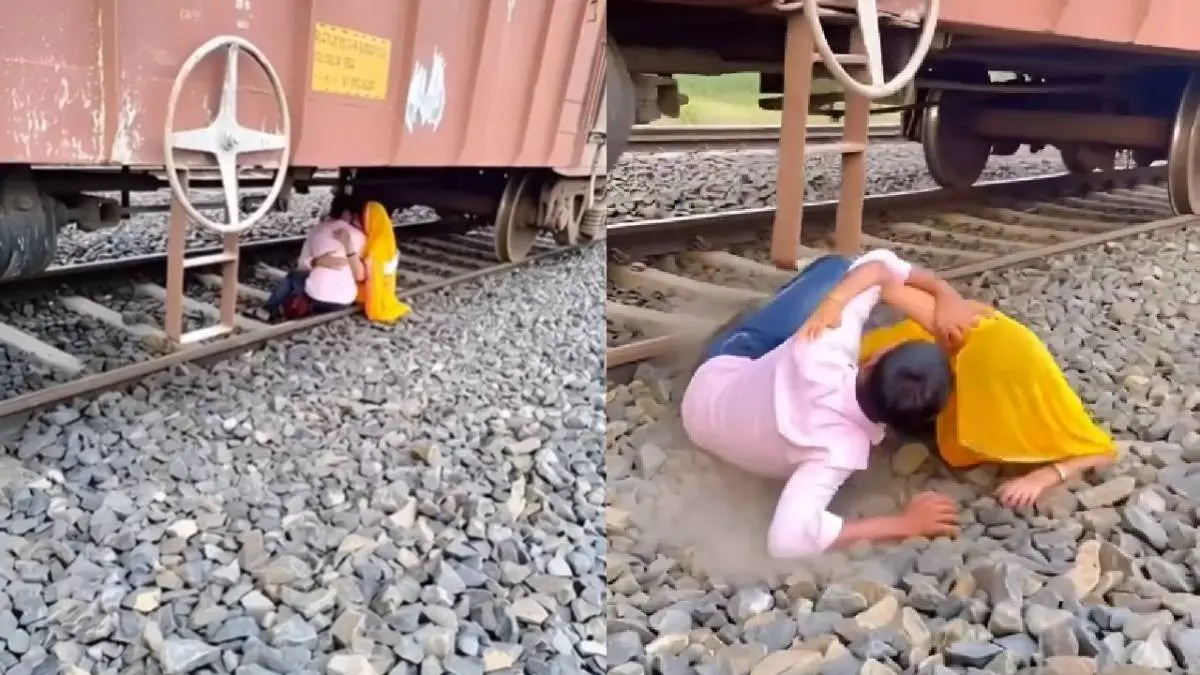 Couple Romance on Railway Track Viral Video: