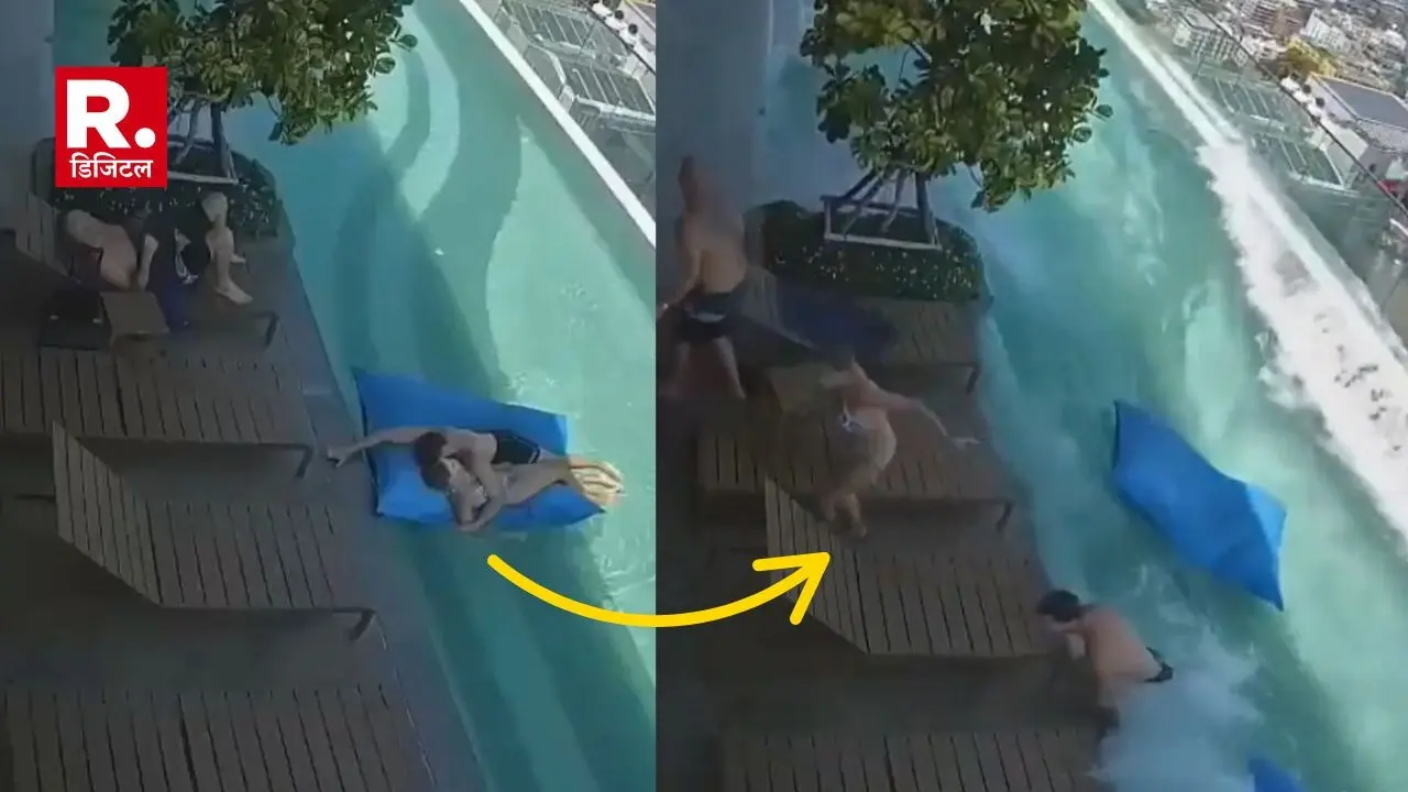 अर्धनग्न अवस्था में हाई-राइज बिल्डिंग के स्विमिंग पूल में मस्ती कर रहा था कपल, भूकंप आते ही सब छोड़ भागे Video Viral Couple was having fun in swimming pool of high-rise building as soon as 7.7 magnitude earthquake struck Myanmar