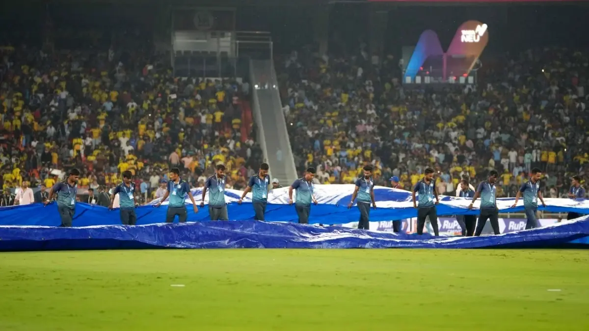 Covers come on during the CSK vs GT IPL 2023 Final at the Narendra Modi Stadium in Ahmedabad