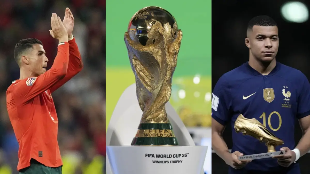 Cristiano Ronaldo, Kylian Mbappe and the FIFA World Cup Trophy