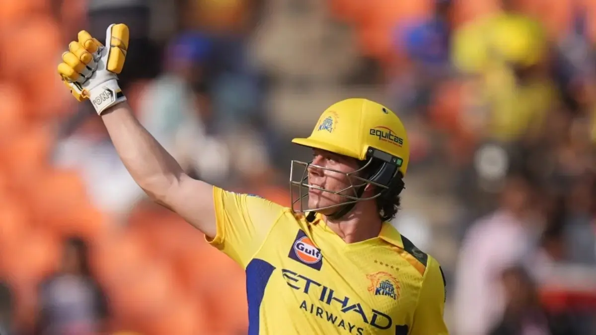 CSK prodigy Dewald Brevis celebrates after half-century against Gujarat Titans in the IPL 2025.