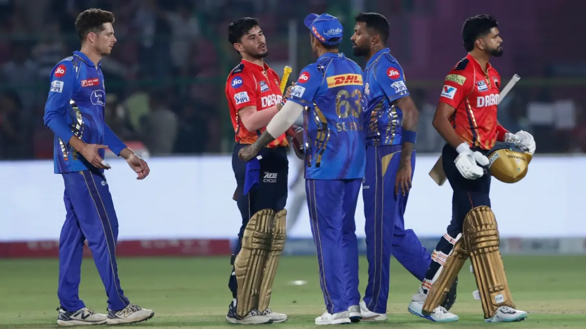 Customary handshakes between Punjab Kings and Mumbai Indians player after their IPL 2025 game