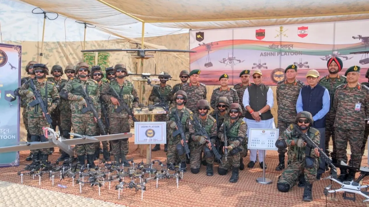 Defence Minister Rajnath Singh during 'Capability Demonstration Exercise', featuring integrated operations by new formations such as the Bhairav Battalion and Ashni Platoon, in Jaisalmer, Rajasthan.