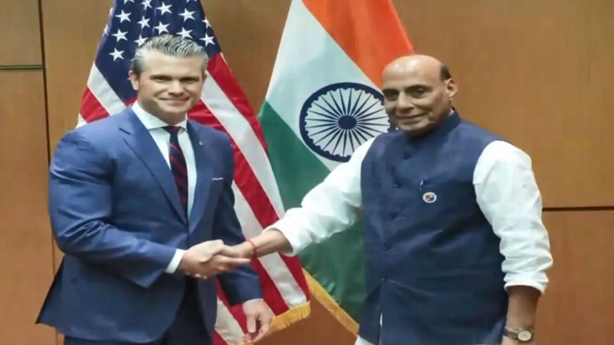 Defence Minister Rajnath Singh with US Secretary of War Pete Hegseth during their meeting in Kuala Lumpur, Malaysia.