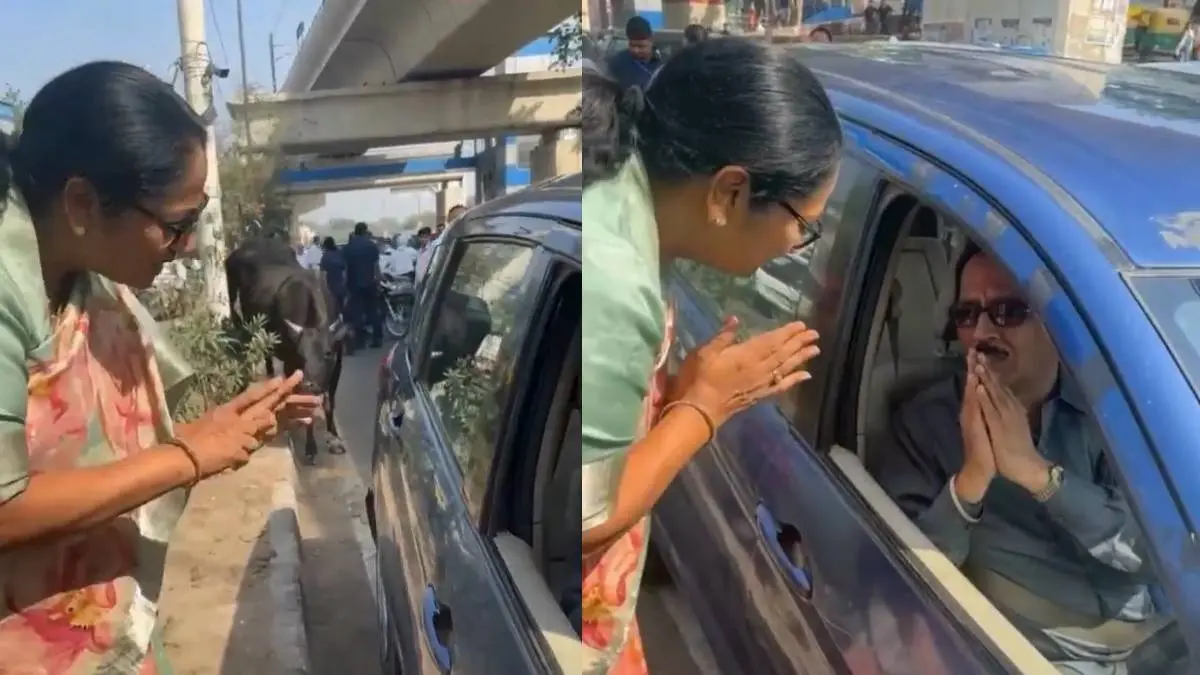 delhi cm rekha gupta halted her convoy after noticing cows