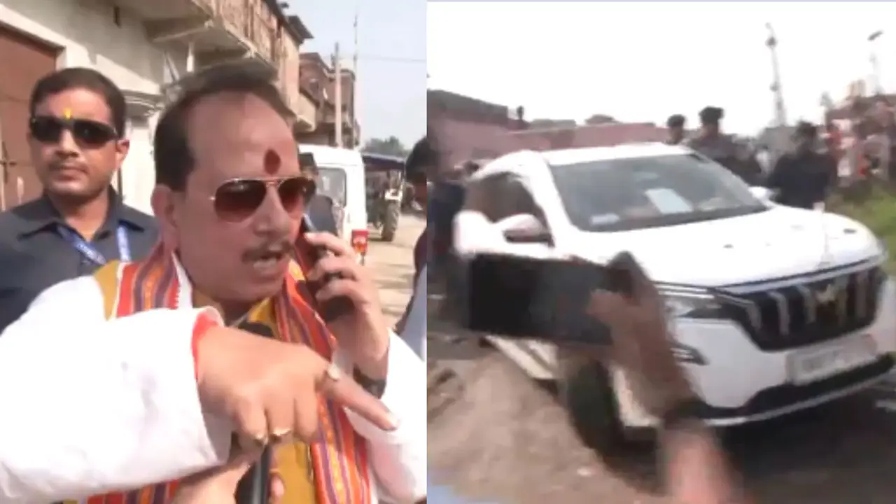 Deputy CM Vijay Sinha's convoy pelted with stones as chaos erupts during voting in Lakhisarai
